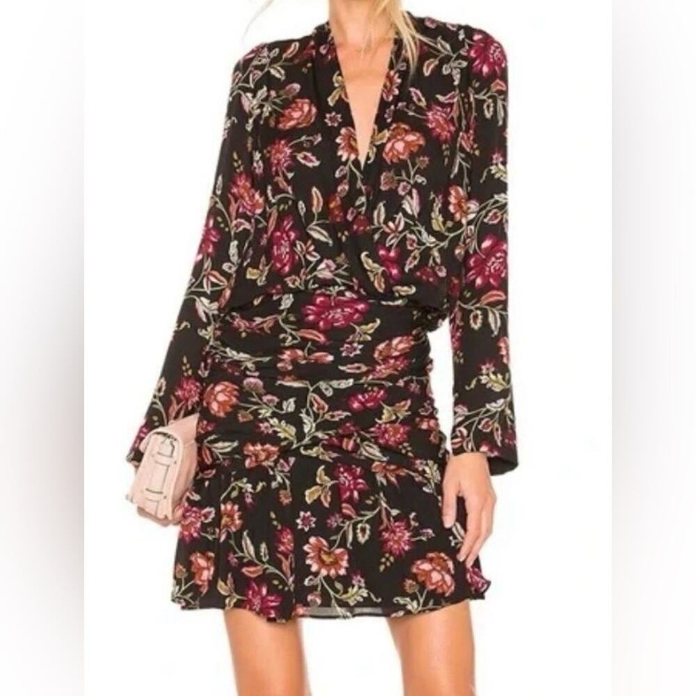 A.L.C. Haven Silk Sheath Dress black silk floral long-sleeve mini dress size 6